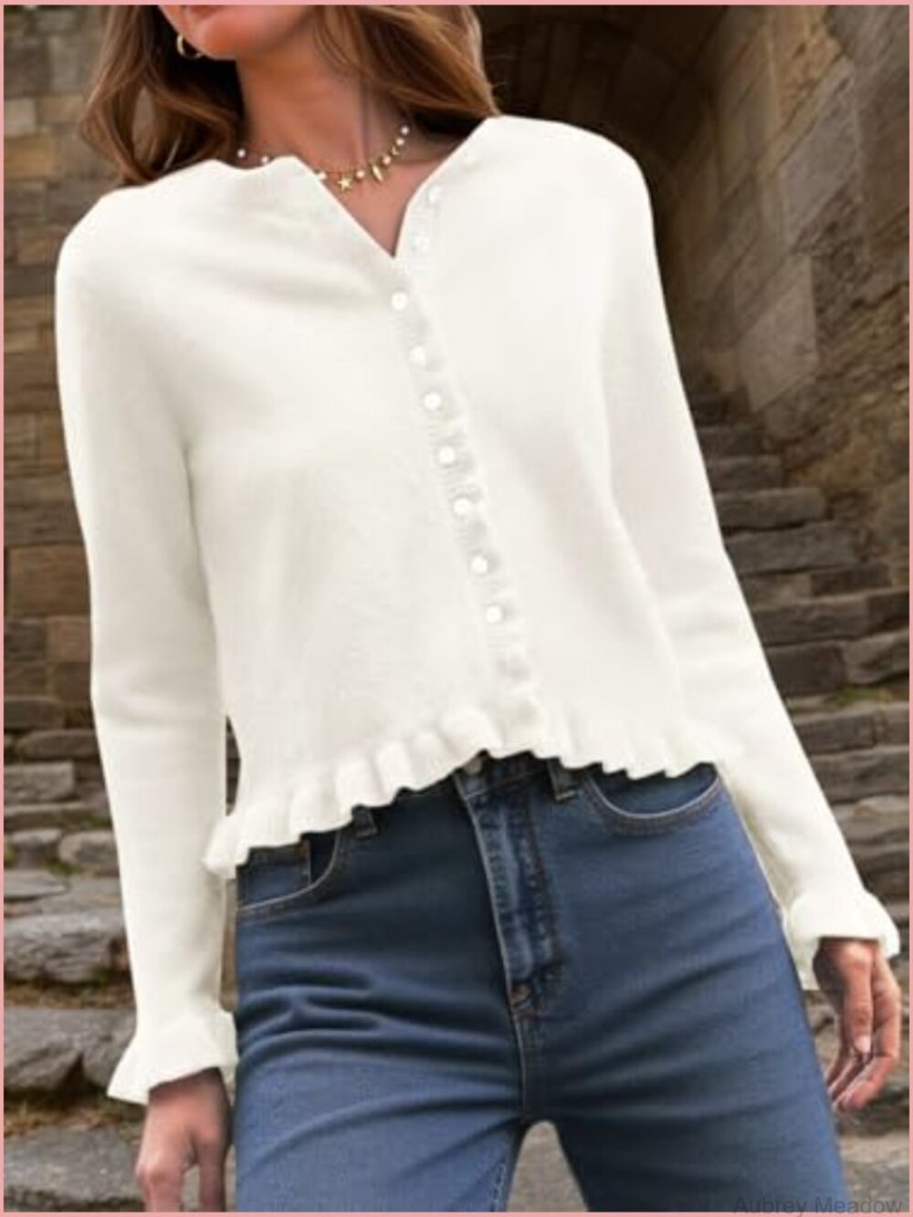 Ruffle Cardigan Sweater Button Up Crew Neck Long Sleeve Cropped Cute Knit Top - Picture 3 of 7